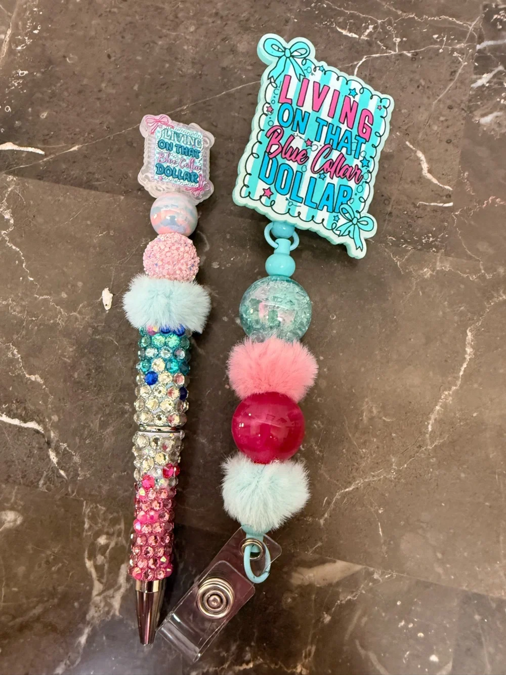 Living on That Blue Collar Dollar Rhinestone Beaded Pen and Matching Badge Reel